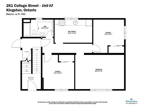 Floor plan for 2 beds, 1 bath, 765 sqft